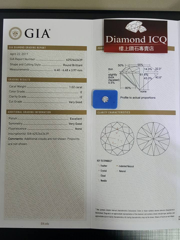 diamond icq gia证书 1.02卡 e 色 i2 vg ex vg non diamond