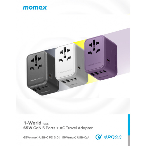 [會員專區] Momax 1-World 65W GaN 方便式旅行插座 3色 [UA8]