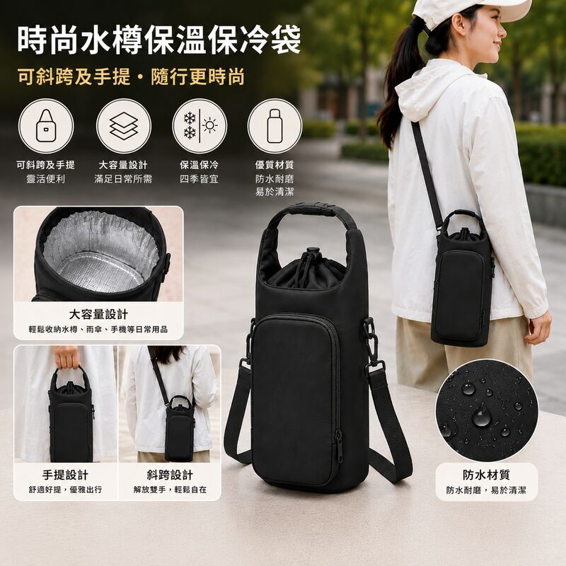 時尚水樽保溫保冷袋(黑色)│斜跨手提水樽袋│大容量水樽包│戶外旅行水壺包│水樽收納包
