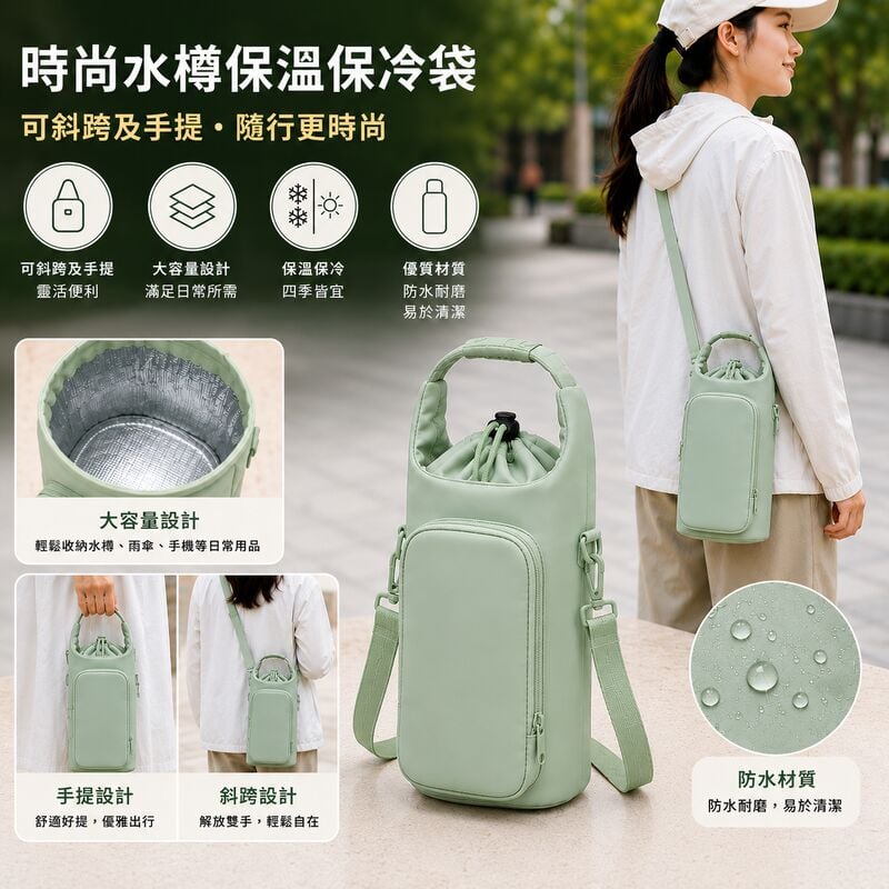 時尚水樽保溫保冷袋(粉綠色)│斜跨手提水樽袋│大容量水樽包│戶外旅行水壺包│水樽收納包