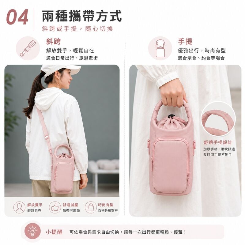 時尚水樽保溫保冷袋(粉綠色)│斜跨手提水樽袋│大容量水樽包│戶外旅行水壺包│水樽收納包