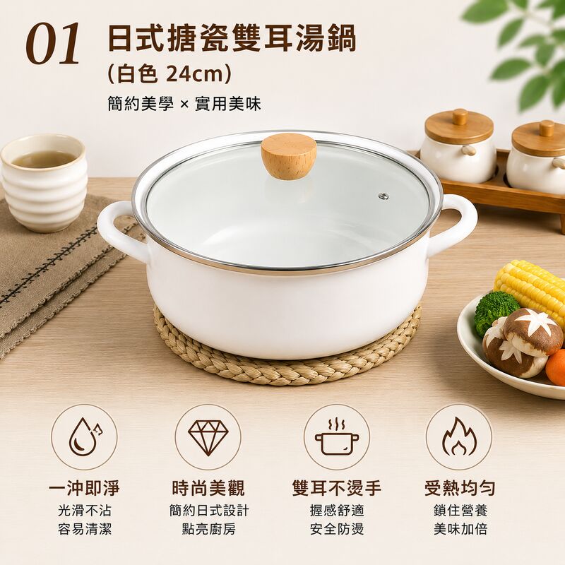 日式搪瓷雙耳湯鍋(白色 24cm)│雙耳捲邊加厚燉煮煲湯鍋│家用大容量琺瑯鍋│海鮮鍋