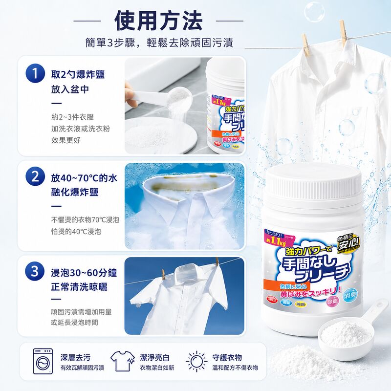 活氧去污爆炸鹽(1.1KG)│衣物去黃增白漂白劑│彩漂粉