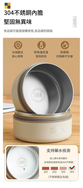 日式304不鏽鋼圓形多層保溫便當盒套裝(3個裝連保溫袋|米色) 微波爐加熱適用帶飯盒