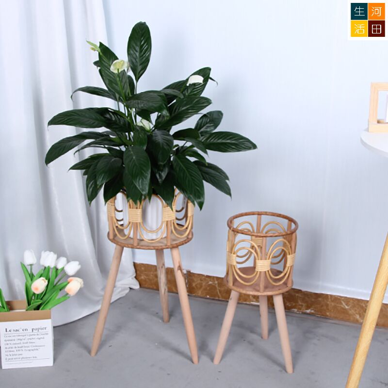 竹藤實木花架 花籃花盆 室內戶外植物高腳支架 (一套兩件)