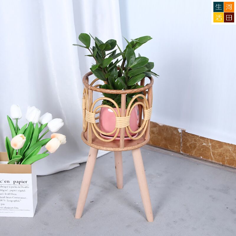 竹藤實木花架 花籃花盆 室內戶外植物高腳支架 (一套兩件)