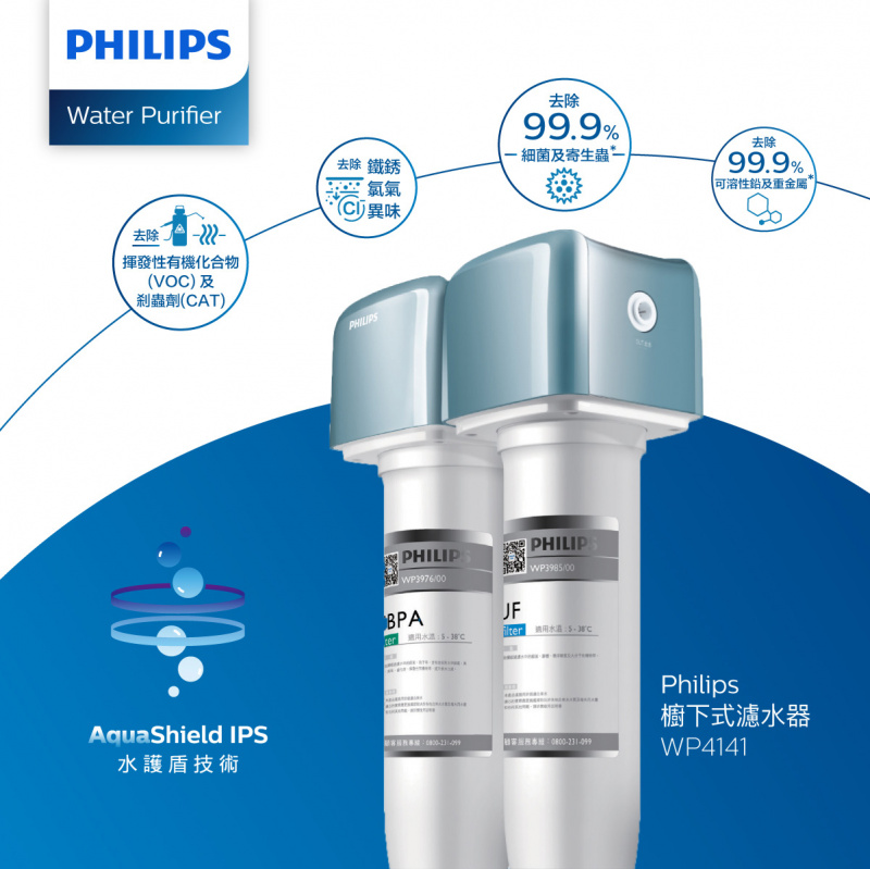 [香港行貨] [二年保用] 飛利浦 Philips AquaShield WP4141 家用高效超濾廚下式濾水器 配原裝飲水龍頭