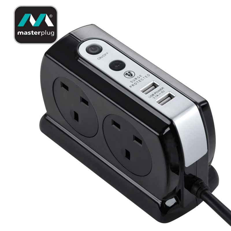 英國品牌 Masterplug SRGDSU43PB 防雷 13A 背靠背 4位 (3.1A USB 2位) 智能拖板 3米 LED 總開關-香港總代理