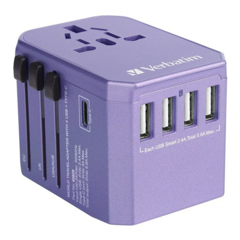 Verbatim 5 Ports Universal Travel Adapter 旅行充電器 (黑/紫色) (#65686 / #65829)