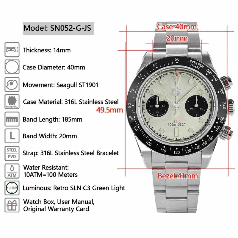 SAN MARTIN SN0052-G Panda BB 機械手錶 Chronograph Watch