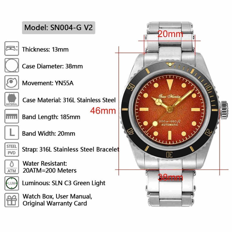 SAN MARTIN SN004-G 6200 Retro Water Ghost YN55A  潛水機械手錶