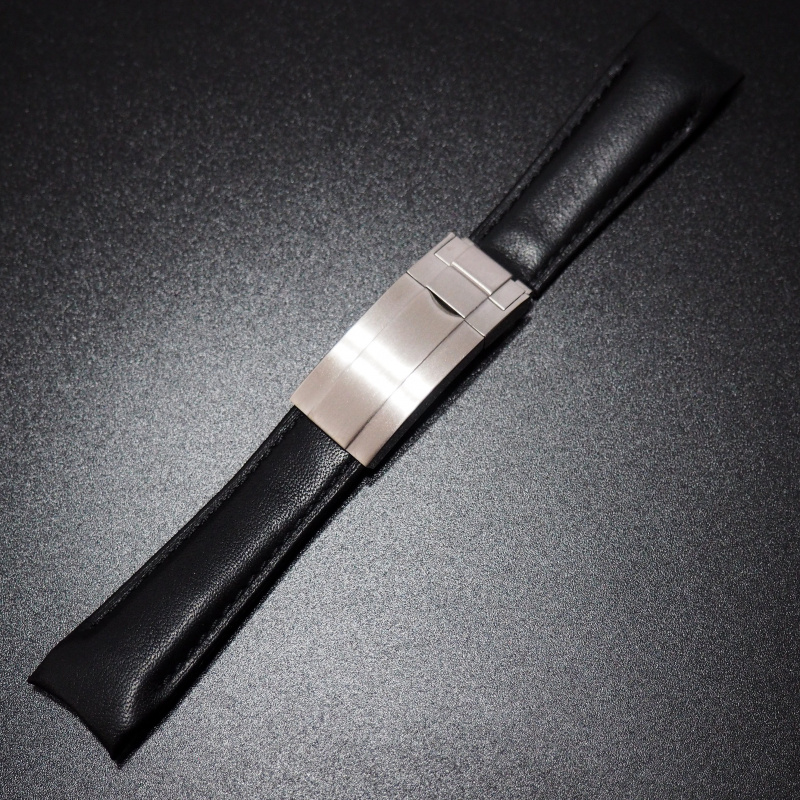 20mm 意大利黑色小牛皮 Rolex 代用錶帶, 彎頭設計