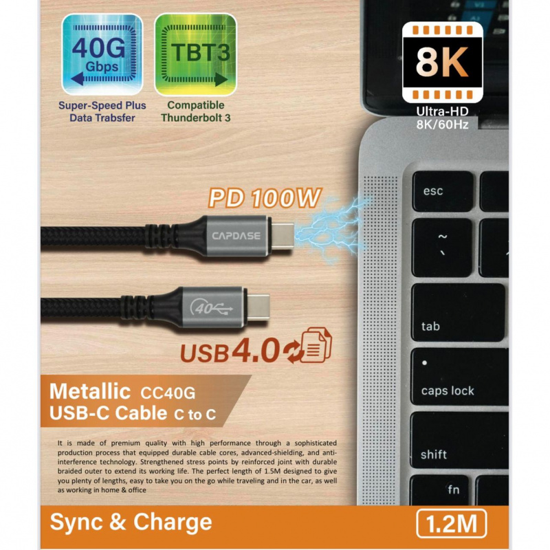 Capdase Metallic CC0G_1.2M USB-C 轉 USB-C 資料傳輸和充電電纜 (HC00-30G1)