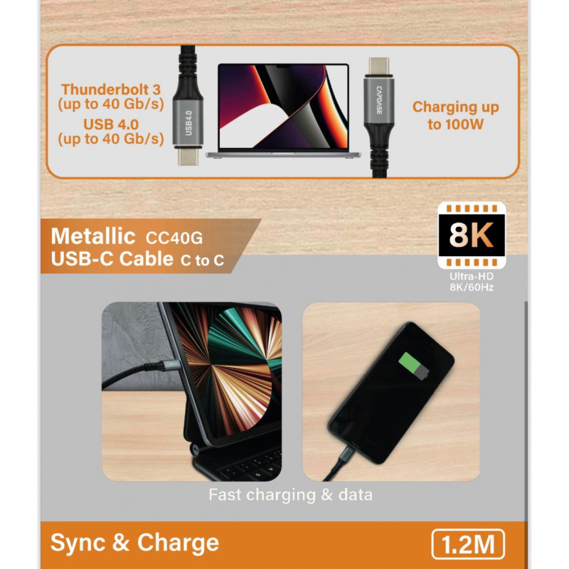 Capdase Metallic CC0G_1.2M USB-C 轉 USB-C 資料傳輸和充電電纜 (HC00-30G1)