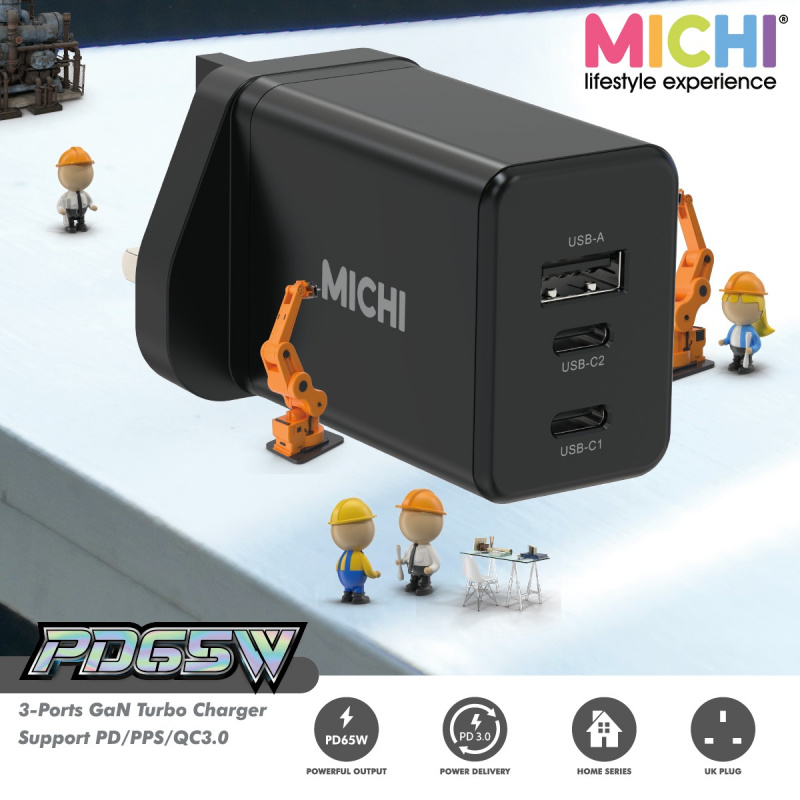 Michi - 3 Port 65W PD 3.0 & QC 3.0 GaN 快速充電器