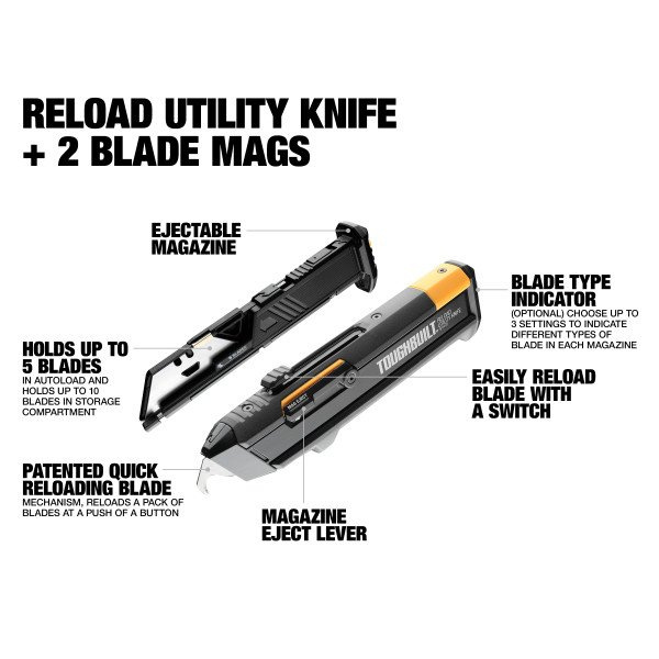 美國TOUGHBUILT RE-LOAD KNIFE BLADES INC 2X美工刀 + 2 個刀片彈匣（現貨）