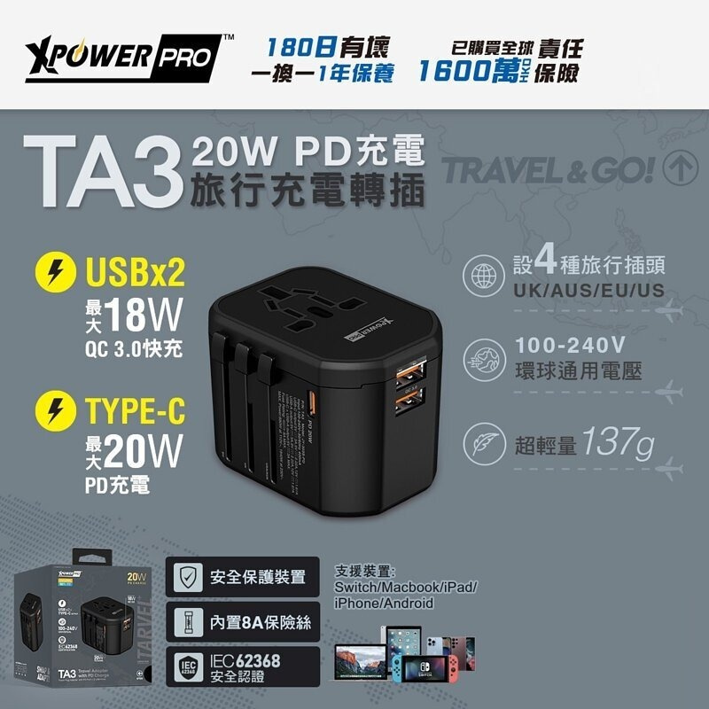 XPowerPro TA3 20W PD充電旅行充電轉插 (2 USB 1Type C)