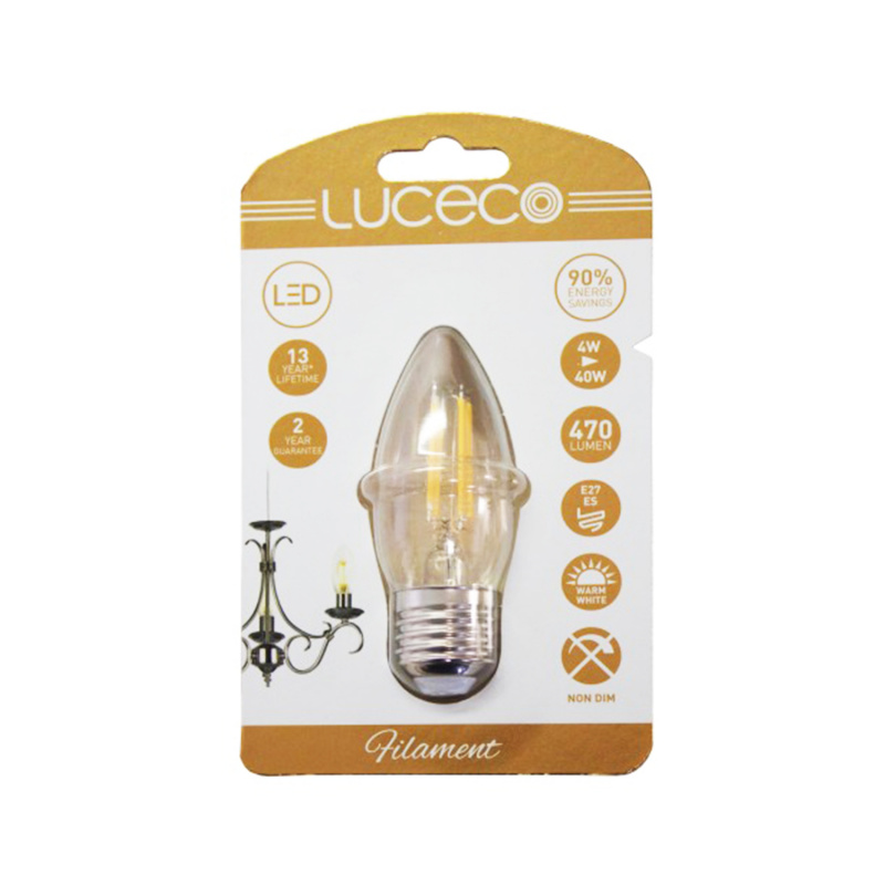 LUCECO - 4W LED E27 2700K暖黃光復古仿鎢絲大螺頭蠟燭形電燈泡，黃光或自然光或冷白光 護眼不閃頻不含水銀燈膽長壽命環保省電 安全高效最新LED技術(LC27W4F47)