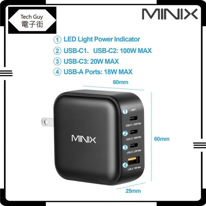MINIX【NEO P3】迷你快速充電器100W PD3.0 Turbo 4-Port GaN PD+USB Charger