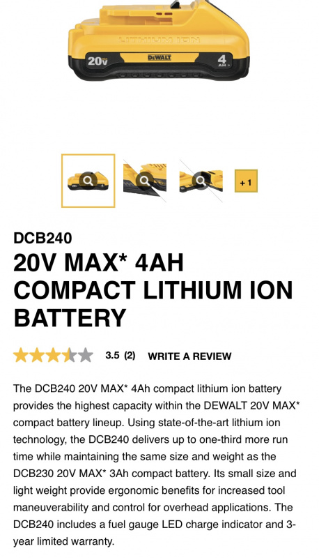 Dewalt DCB240 20V MAX * 4Ah緊湊型鋰離子電池