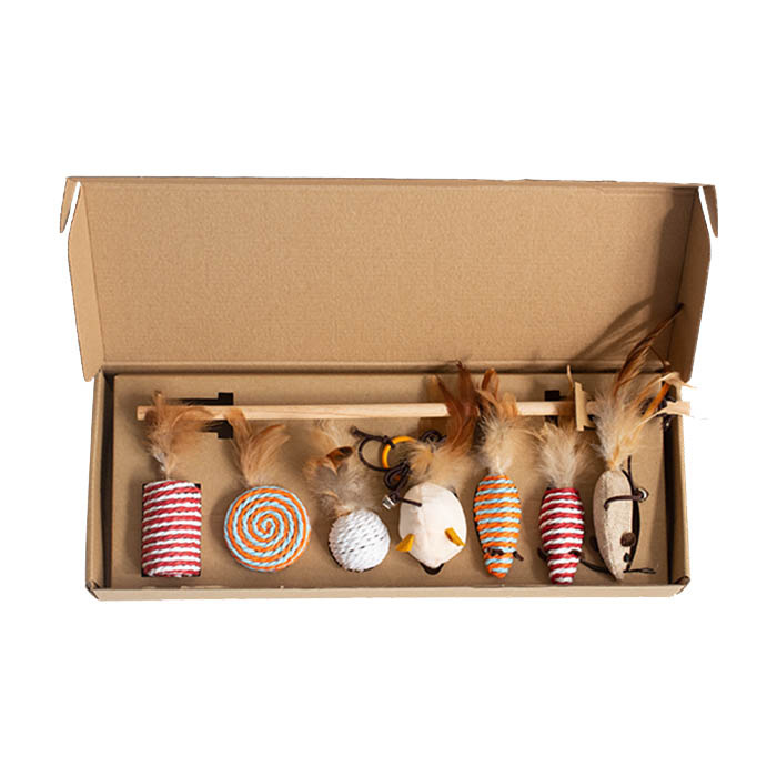 日本熱銷 - AMEIFU 美芺寵物 【7件裝】逗貓棒套裝 (亞麻色) - 寵物貓玩具套裝 貓咪玩具 逗貓棒 老鼠麻球形禮物 超值組合7件套裝 禮盒裝