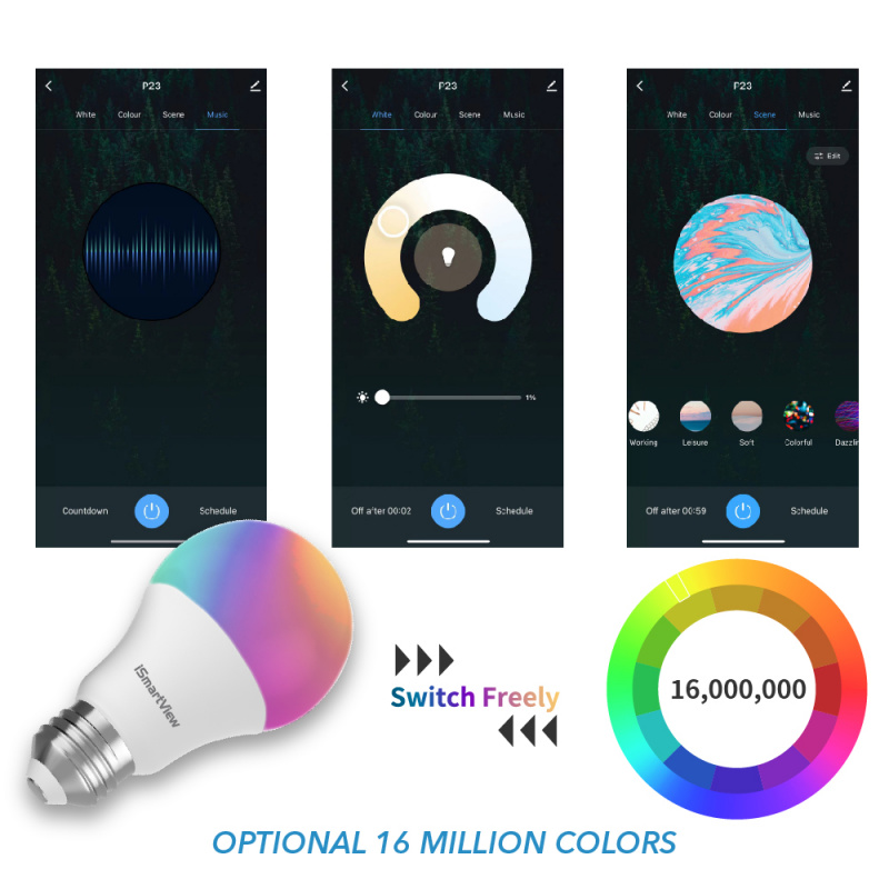 iSmartView - RGB 1600萬種顏色 APP遠端遙控開關 時間排程控制 E27插頭 Smart Home智能家居WiFi LED 彩光智能燈泡