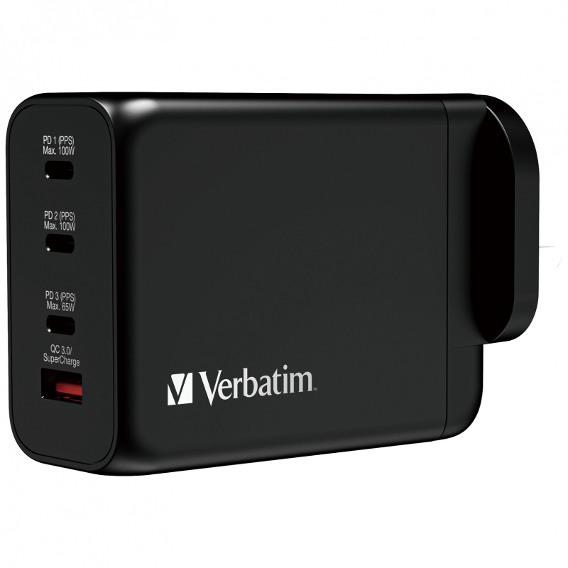 VERBATIM 4 端口 200W PD 3.0 & QC 3.0 GaN 充電器（接地英國插頭）66703