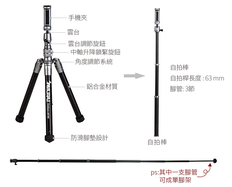Samurai Outdoor MT35 反折鋁合金手機/相機三腳架 (附自拍棍)