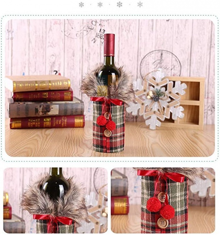 聖誕毛毛衫酒樽套(紅色)[共2款選擇]|聖誕鈕扣裝飾酒瓶套|紅色立體格仔褸酒樽外套|英倫亞麻格子風|派對用品|DIY酒壺禮物|節日慶祝佈置