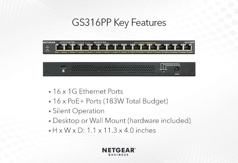 NETGEAR GS316PP - 16 端口千兆 POE+ 交換機 (183W)