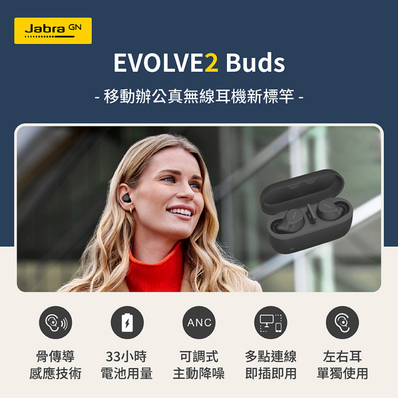 【新登場】Jabra Evolve2 Buds商務會議藍牙真無線耳機(ANC主動降噪)