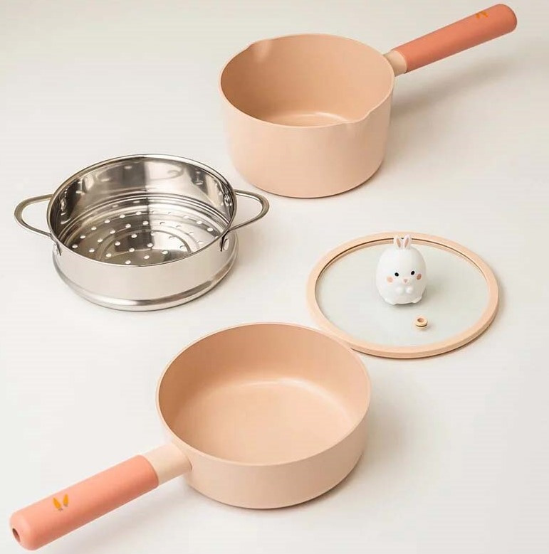 Neoflam - 小兔系列鑄造鍋具四件組(單柄湯鍋+蒸籠+小炒鍋+玻璃蓋16公分)IH、電磁爐適用