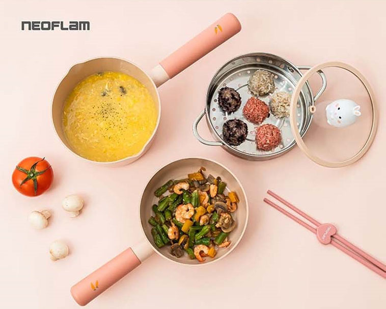 Neoflam - 小兔系列鑄造鍋具四件組(單柄湯鍋+蒸籠+小炒鍋+玻璃蓋16公分)IH、電磁爐適用
