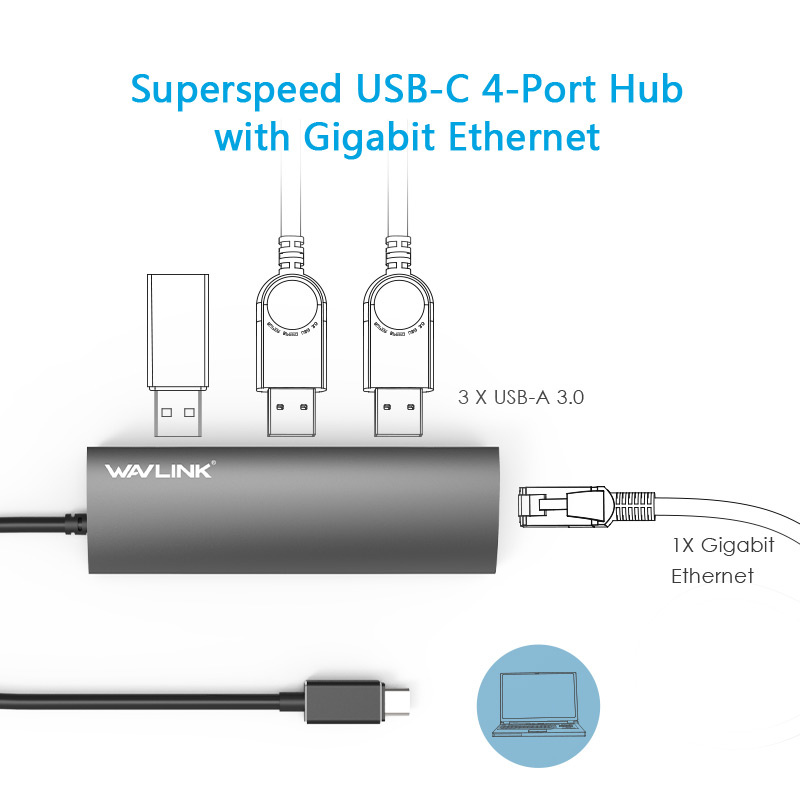 Wavlink UH3031GC Superspeed USB-C 4-Port Hub with Gigabit Ethernet (WL-UH3031GC)