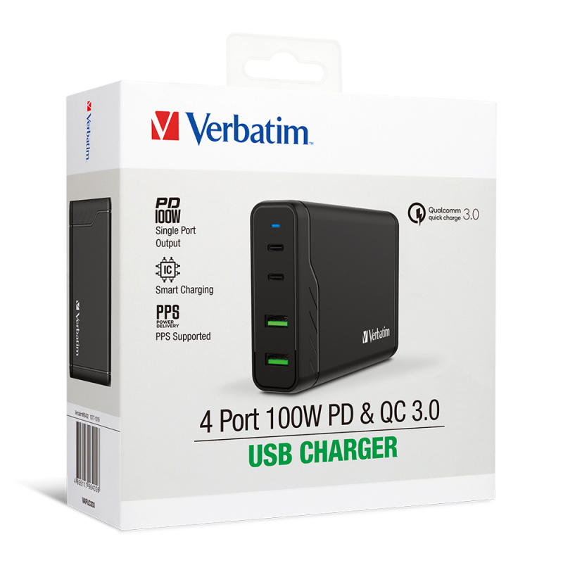 Verbatim 4 端口 100W PD & QC 3.0 USB 充電器（AC電源線）66402