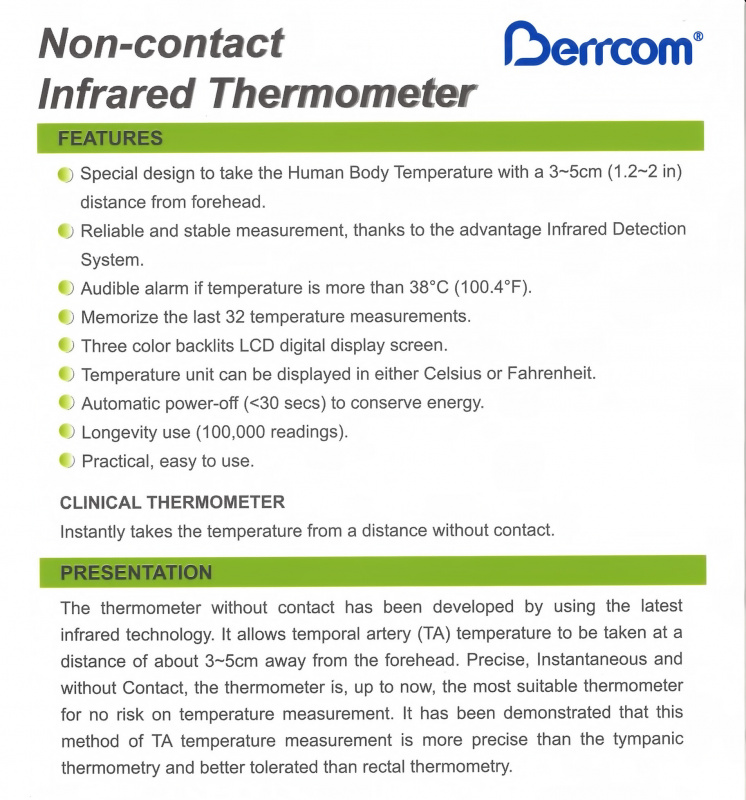 Berrcom 非接觸式 電子紅外線 額溫探熱槍