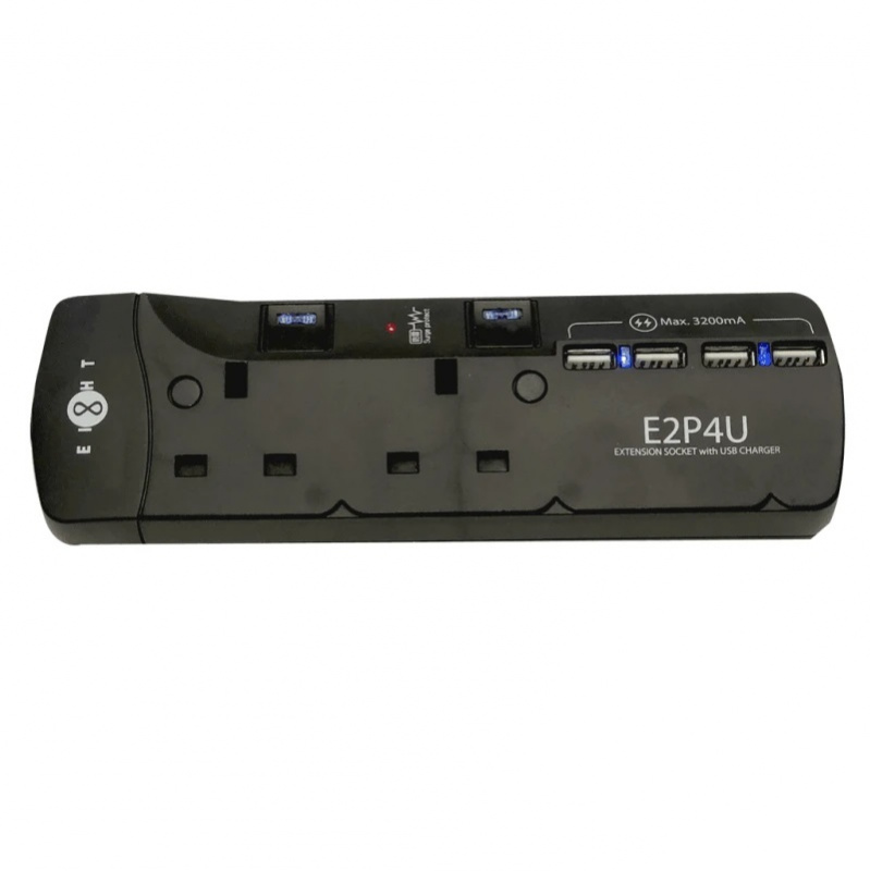 EIGHT 2位拖板連4 USB充電器 黑色 E2P4U