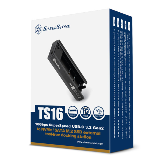 SilverStone 10Gbps SuperSpeed USB-C 3.2 Gen2 to NVMe / SATA M.2 SSD external tool-free docking station (TS16) SilverStone 10Gbps SuperSpeed USB-C 3.2 Gen2 to NVMe / SATA M.2 SSD external tool-free docking station (TS16)