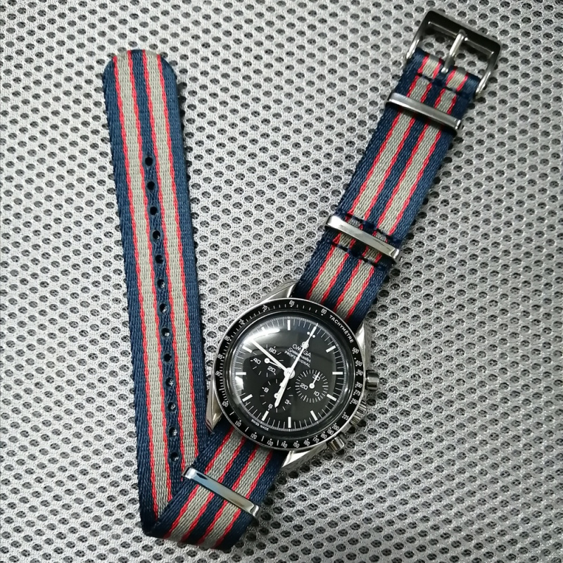 20mm Omega 藍紅灰雙間優質尼龍 Nato 代用錶帶, 光面金屬配件