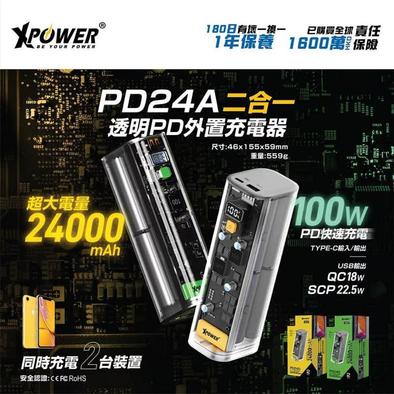 XPower 100W 24000mAh透明PD外置充電器 PD24A