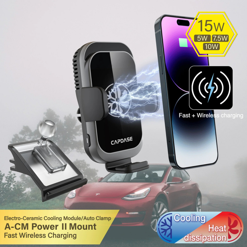 CAPDASE A-CM Power II 陶瓷散熱快速無線充電曲線型出風口車架 - T01 適用於 Tesla Model 3/Y