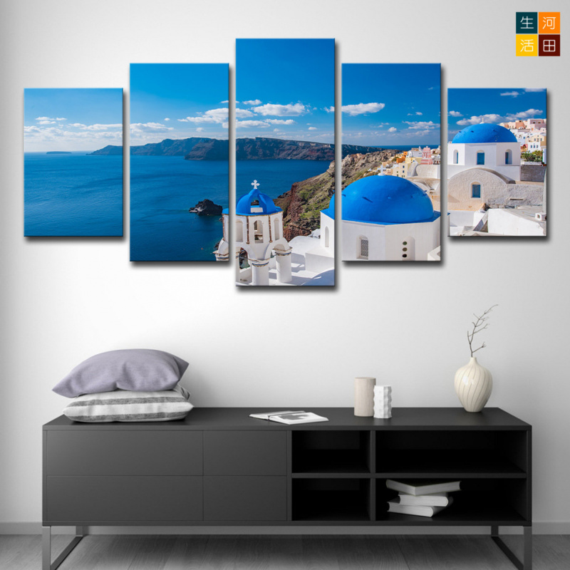 希臘聖托里尼島五聯畫|風景油畫5幅|客廳裝飾無框畫|藝術帆布裝飾