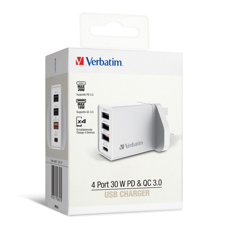 Verbatim 4 端口 30W PD & QC 3.0 USB 充電器 [66892/66897][2色]