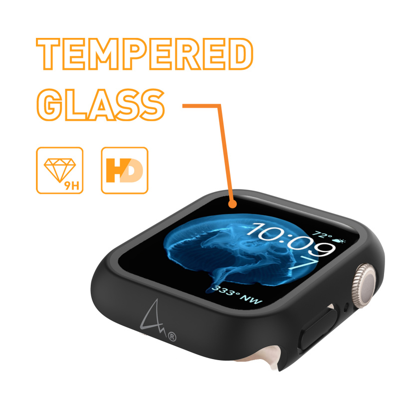 ARMOR Apple Watch 第8/9代 41/45mm 9H 鋼化玻璃高清保護殼 - 秘黑色