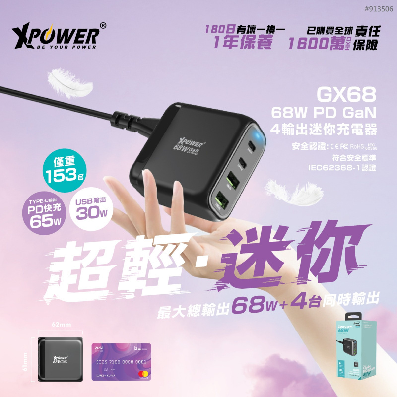 XPower GX68 68W PD 3.0/PPS/SCP迷你座枱充電器