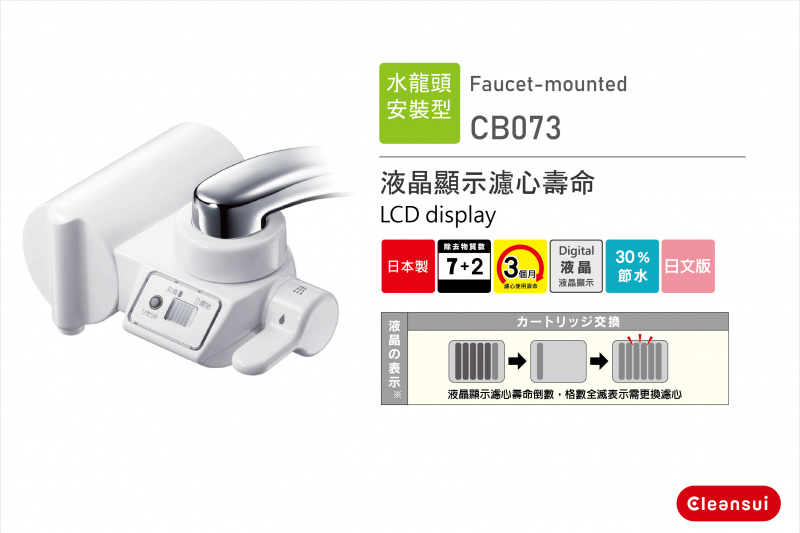 日本製造 三菱 Cleansui CB073 顯示式水龍頭式濾水器【有效過濾7+2 多種有害物+30%節水功能 】