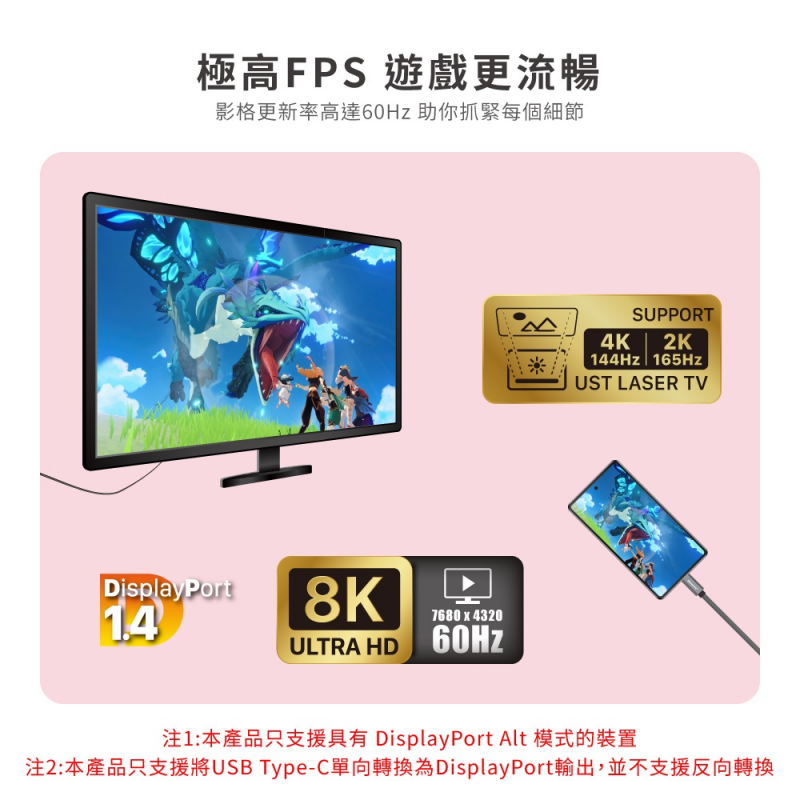 Elementz【DP-C8K】8K Type C To DisplayPort Cable 數據傳輸線 (2米)