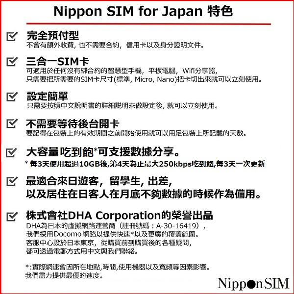 Nippon SIM 日本進口 docomo 33日 無限上網卡 4G LTE SIM 卡