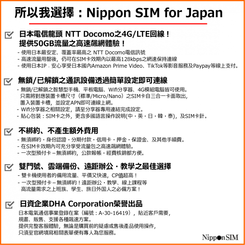 Nippon SIM日本進口 docomo 180日 50GB上網卡 4G LTE SIM 卡