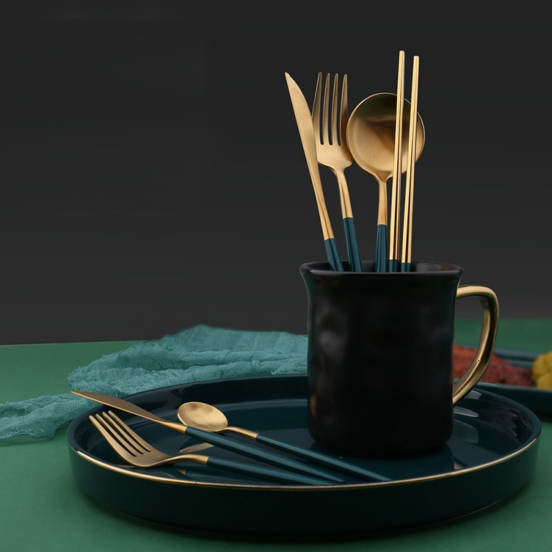 Islandoffer 島嶼製作 304 小蠻腰不銹鋼刀，叉，匙，筷，4件套裝 入伙禮物 廚具禮物 (綠金色)